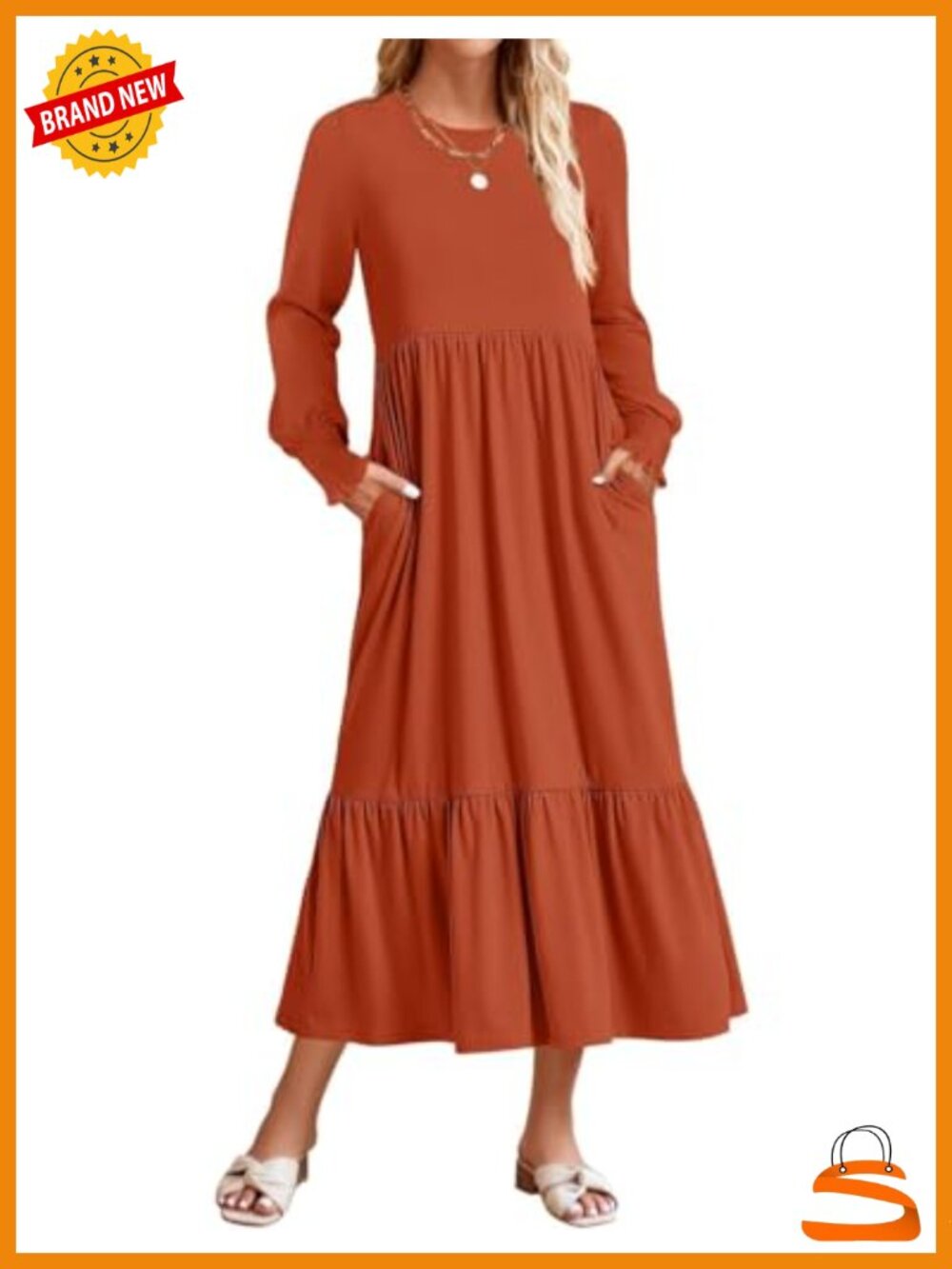 Long Sleeve Boho Maxi Dress with Pockets Smocked Ruffled Tiered